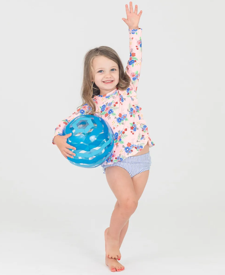 RuffleButts Coastal Breeze L S Rash Guard 2 Piece Swimsuit for Girls Baby Toddler